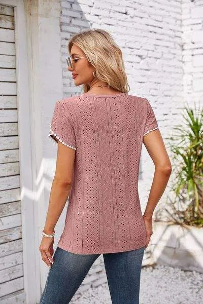 Eyelet Round Neck Petal Sleeve T-Shirt Women's T-Shirts - Tophatter Daily Deals